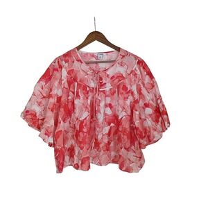77 Park Coral Pink Floral Peasant Blouse Sheer Flutter Sleeve Tie Neck Women XL